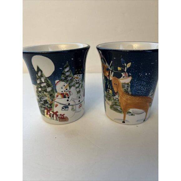 Pair Hand Painted Collectible ND Ceramic Christmas Coffee Mug  Reindeer Snowman - Picture 4 of 8